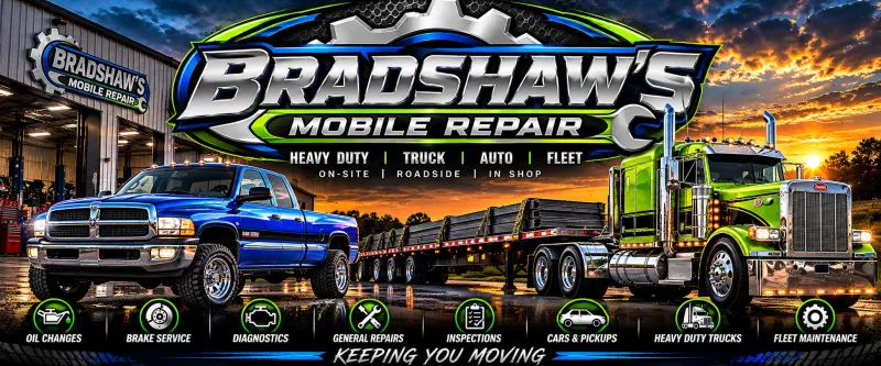 Bradshaw's Mobile Repair banner. Heavy duty, truck, auto and fleet. On site, roadside. Keeping you moving.